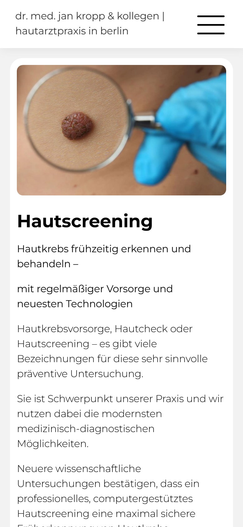 Website von Dr. med. Jan Kropp – Handyansicht: Hautscreening