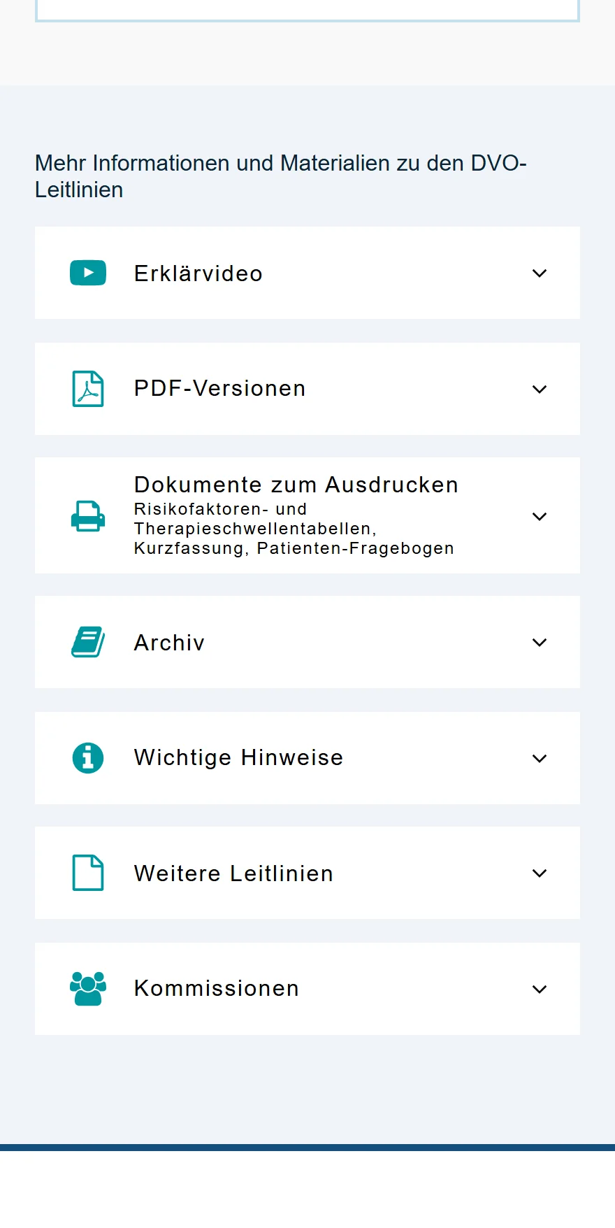 Website von DVO Leitlinie Osteoporose – Handyansicht: Mehr Informationen und Materialien zu den DVO-Leitlinien