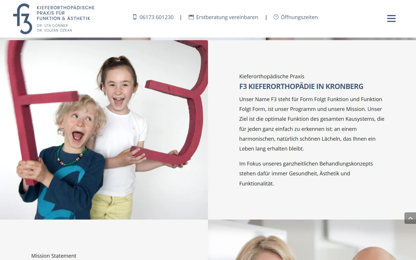 Website von F3 Orthodontics – Desktopansicht: F3 KIEFERORTHOPÄDIE IN KRONBERG