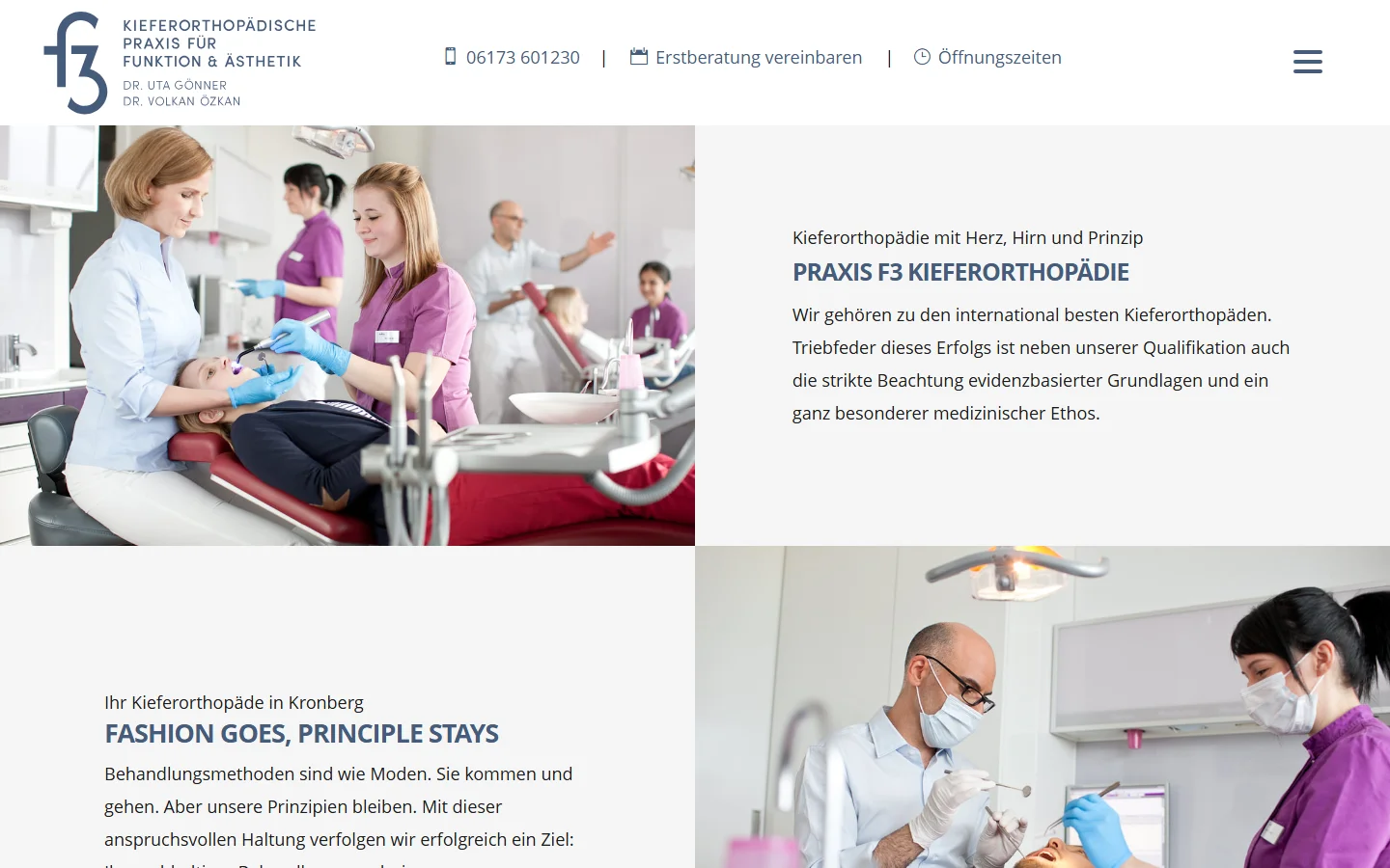 Website von F3 Orthodontics – Desktopansicht: PRAXIS F3 KIEFERORTHOPÄDIE