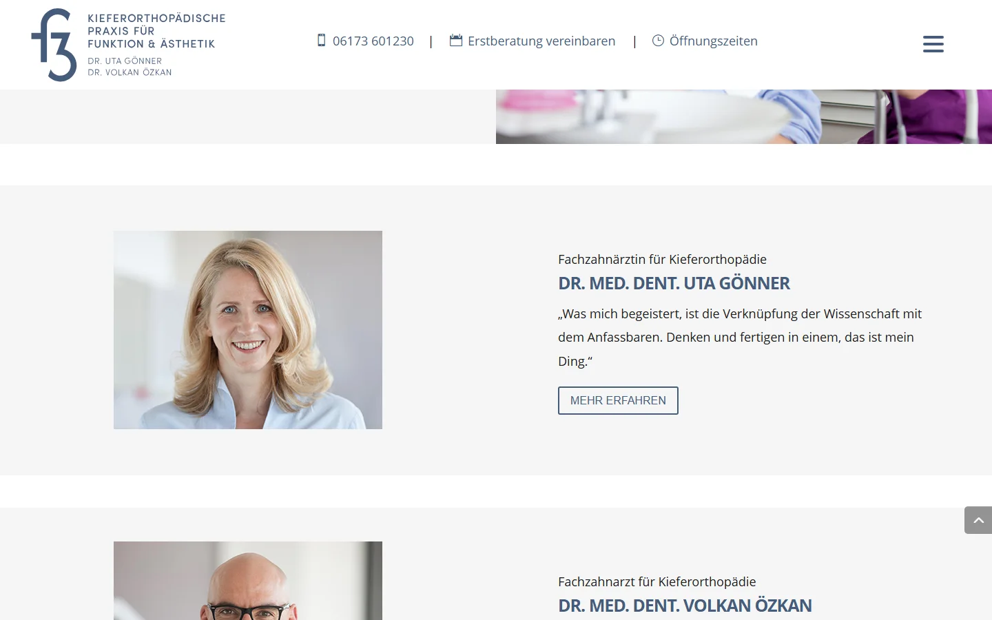 Website von F3 Orthodontics – Desktopansicht: DR. MED. DENT. UTA GÖNNER