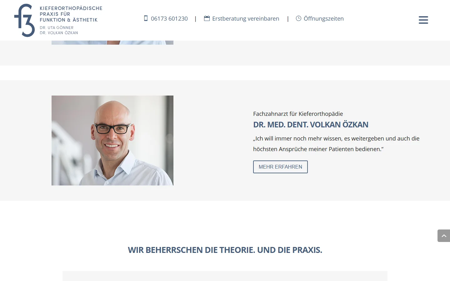 Website von F3 Orthodontics – Desktopansicht: DR. MED. DENT. VOLKAN ÖZKAN
