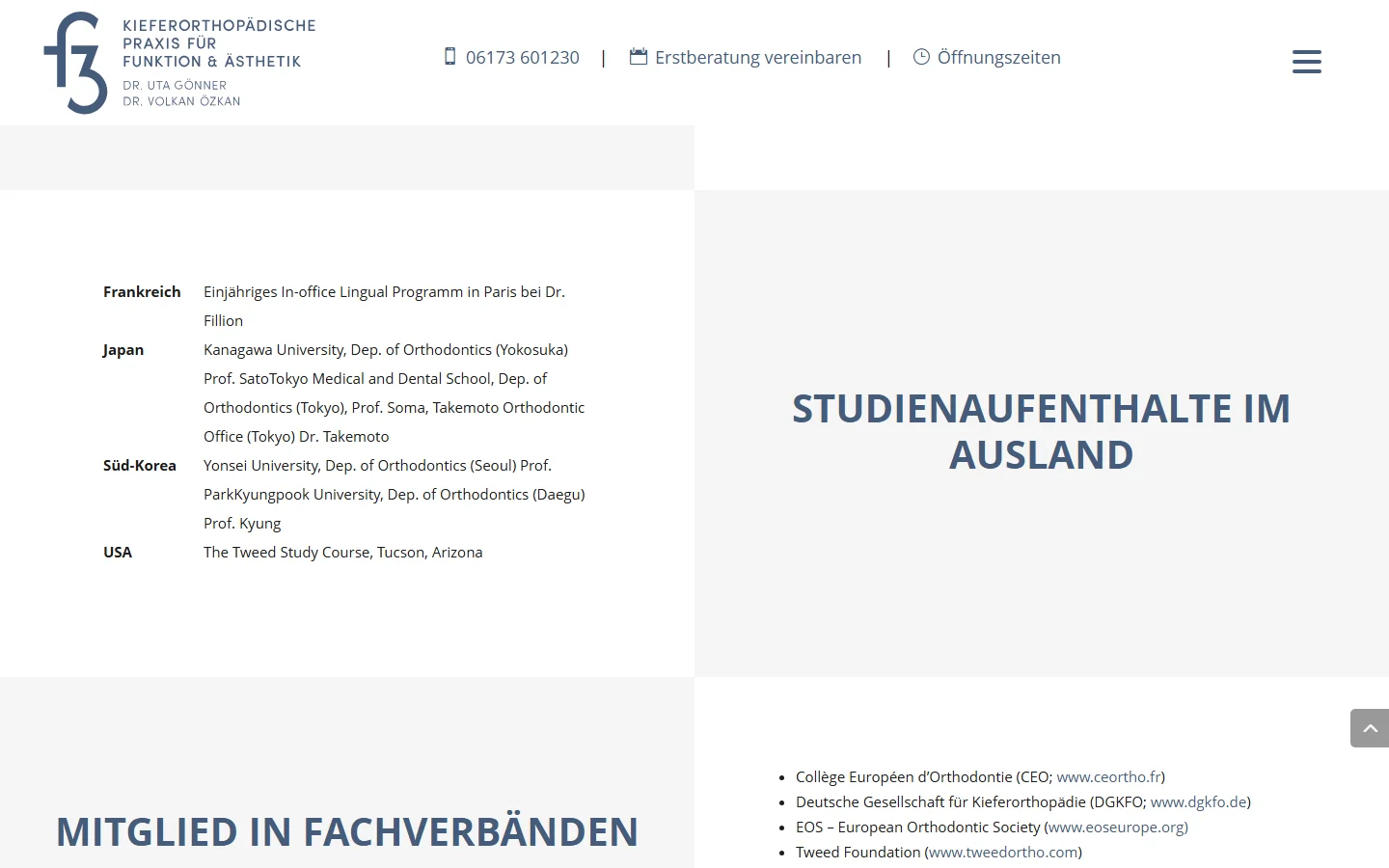 Website von F3 Orthodontics – Desktopansicht: Studienaufenthalte im Ausland
