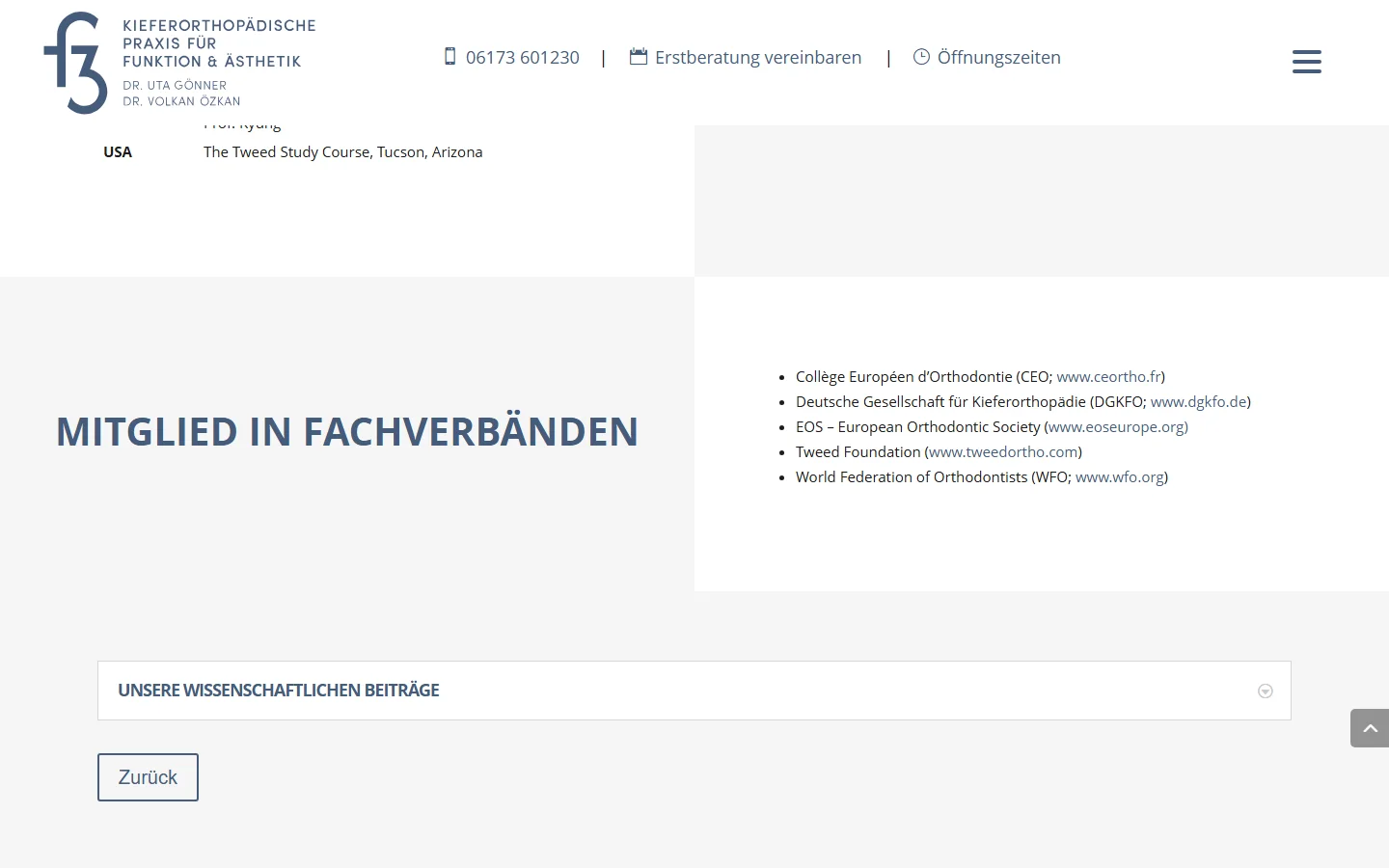 Website von F3 Orthodontics – Desktopansicht: Mitglied in Fachverbänden