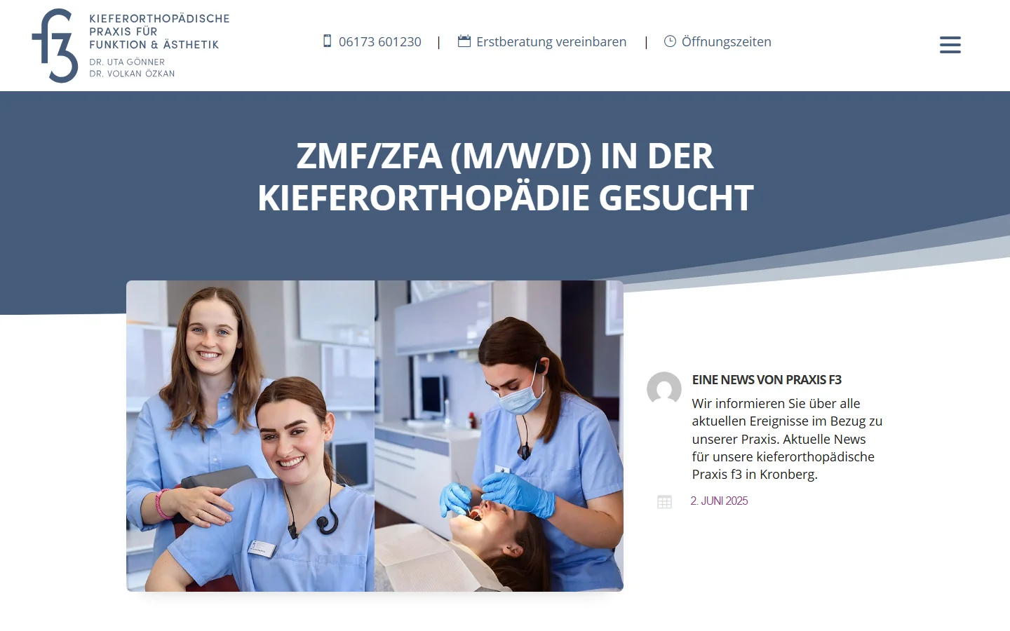 Website von F3 Orthodontics – Desktopansicht: ZMF/ZFA (M/W/D) IN DER KIEFERORTHOPÄDIE GESUCHT