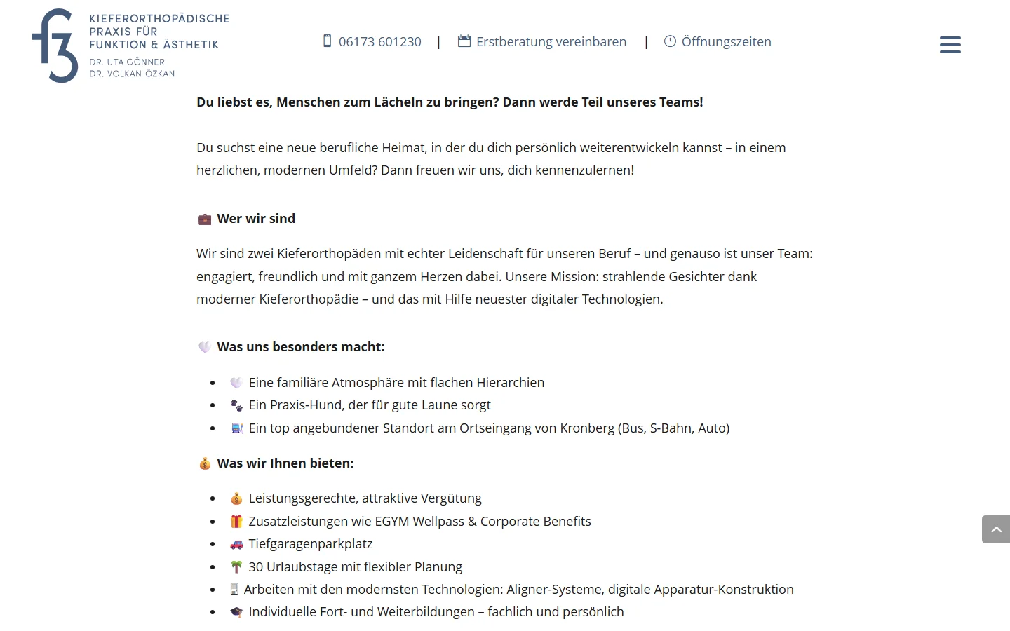 Website von F3 Orthodontics – Desktopansicht: JETZT BEWERBEN & DABEI SEIN