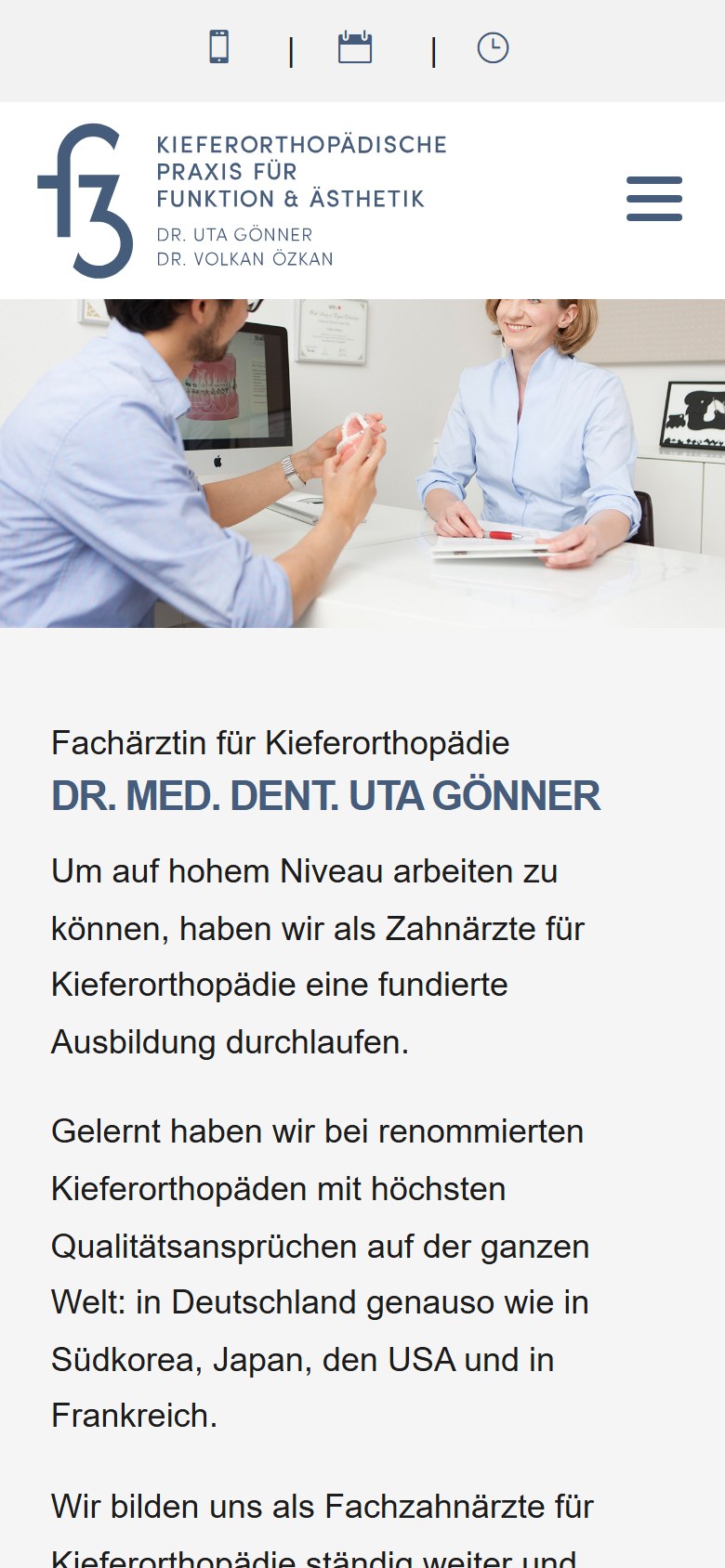 Website von F3 Orthodontics – Handyansicht: Uta Goenner