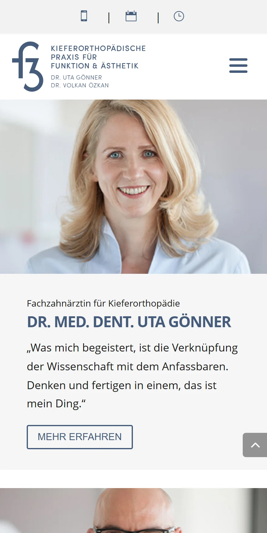 Website von F3 Orthodontics – Handyansicht: DR. MED. DENT. UTA GÖNNER