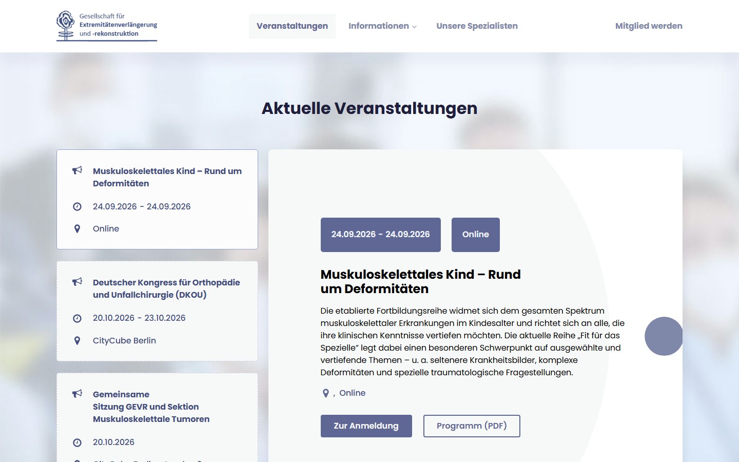 Website von GEVR e.V. – Desktopansicht: Veranstaltungen