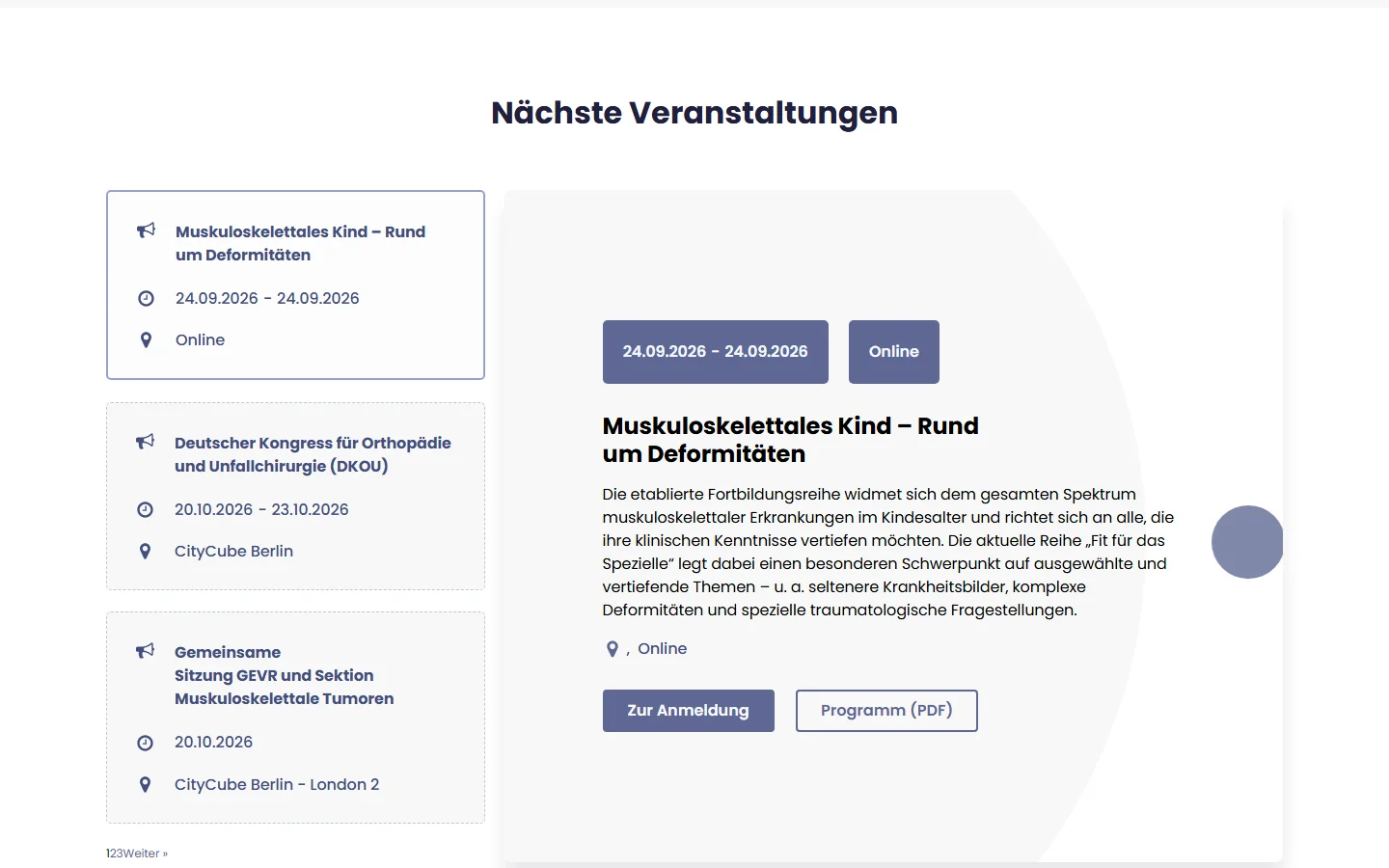 Website von GEVR e.V. – Desktopansicht: Nächste Veranstaltungen