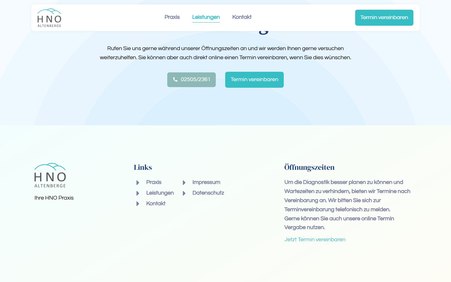 Website von HNO Altenberge – Desktopansicht: Leistungen