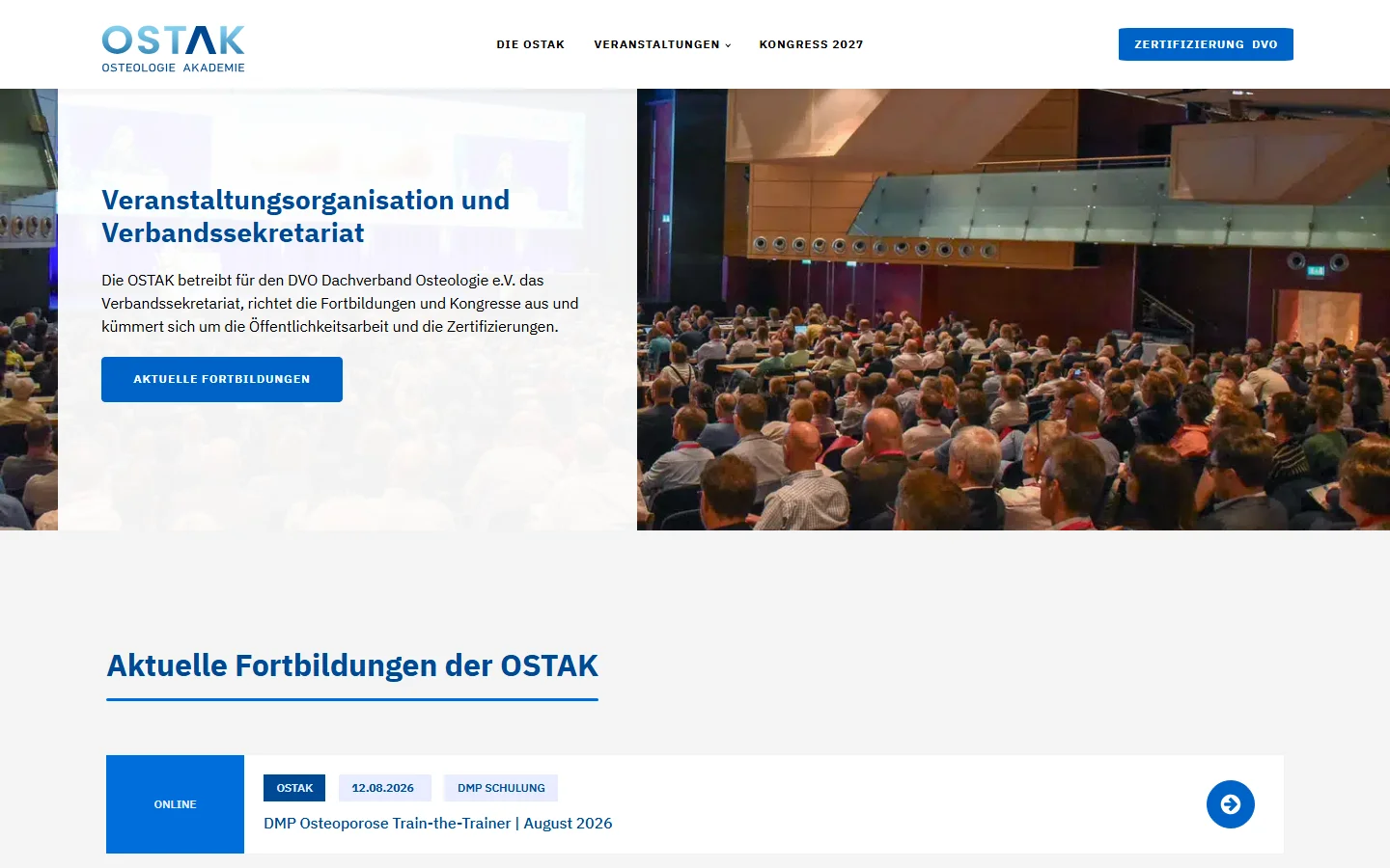 Website von OSTAK Osteologie Akademie – Desktopansicht: Leistungen der OSTAK