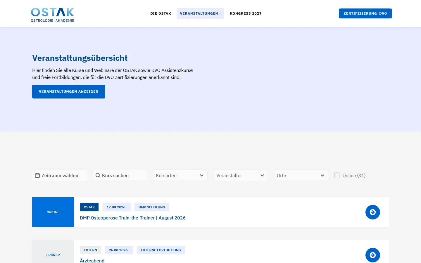 Website von OSTAK Osteologie Akademie – Desktopansicht: Veranstaltungsübersicht