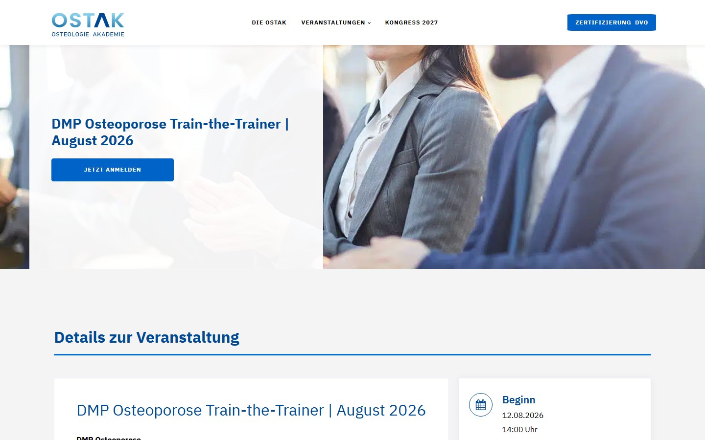 Website von OSTAK Osteologie Akademie GmbH – Desktopansicht: DMP Osteoporose Train-the-Trainer