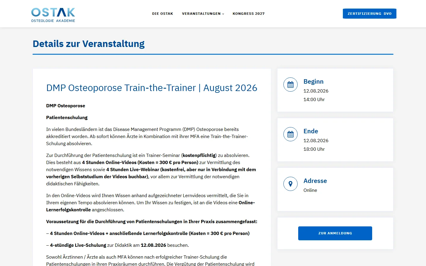 Website von OSTAK Osteologie Akademie – Desktopansicht: Details zur Veranstaltung