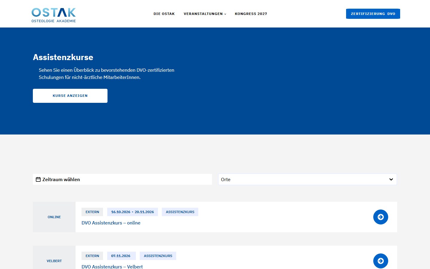 Website von OSTAK Osteologie Akademie GmbH – Desktopansicht: Assistenzkurse