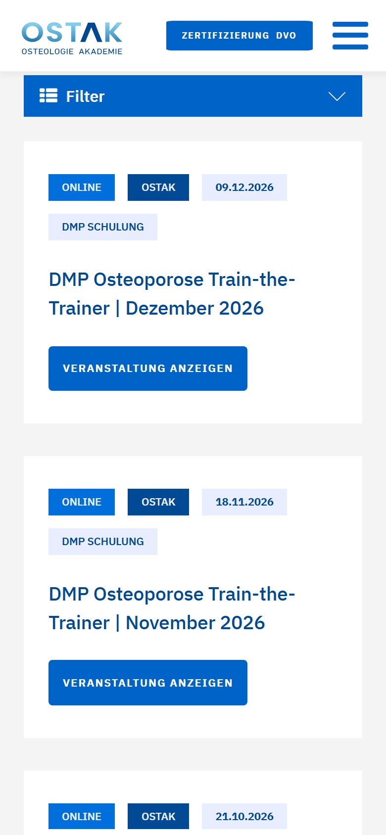 Website von OSTAK Osteologie Akademie GmbH – Handyansicht: DMP Schulung – OSTAK Osteologie Akademie