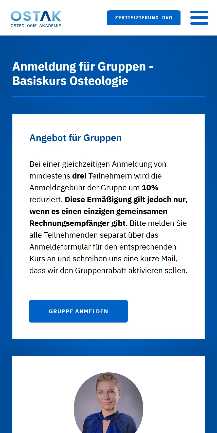 Website von OSTAK Osteologie Akademie – Handyansicht: Anmeldung für Gruppen - Basiskurs Osteologie