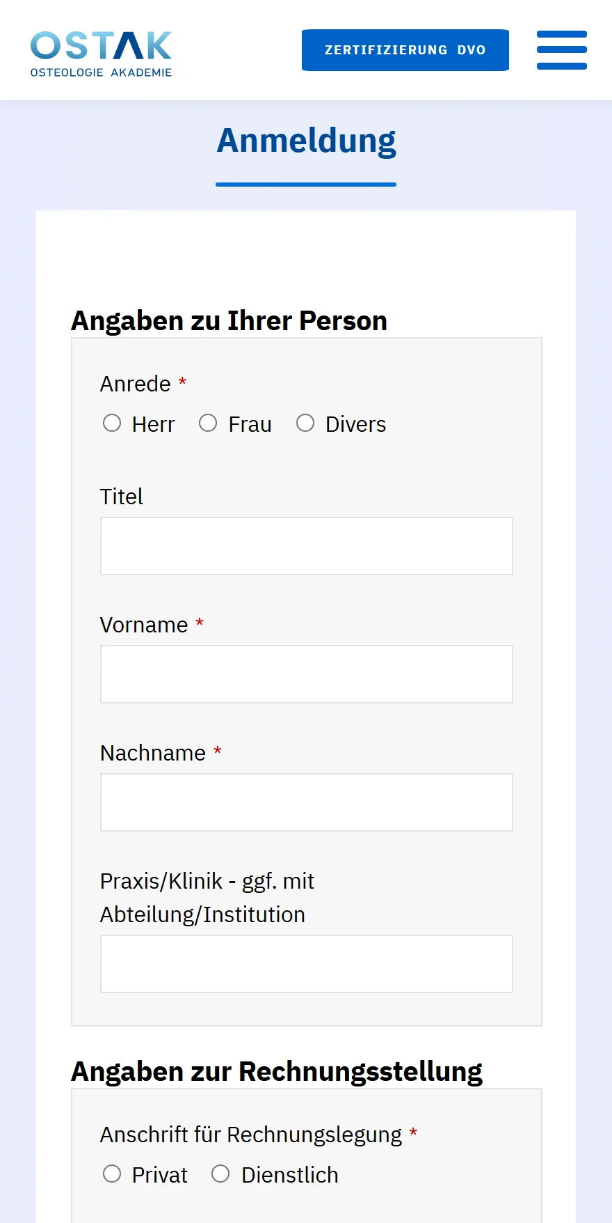 Website von OSTAK Osteologie Akademie – Handyansicht: Anmeldung