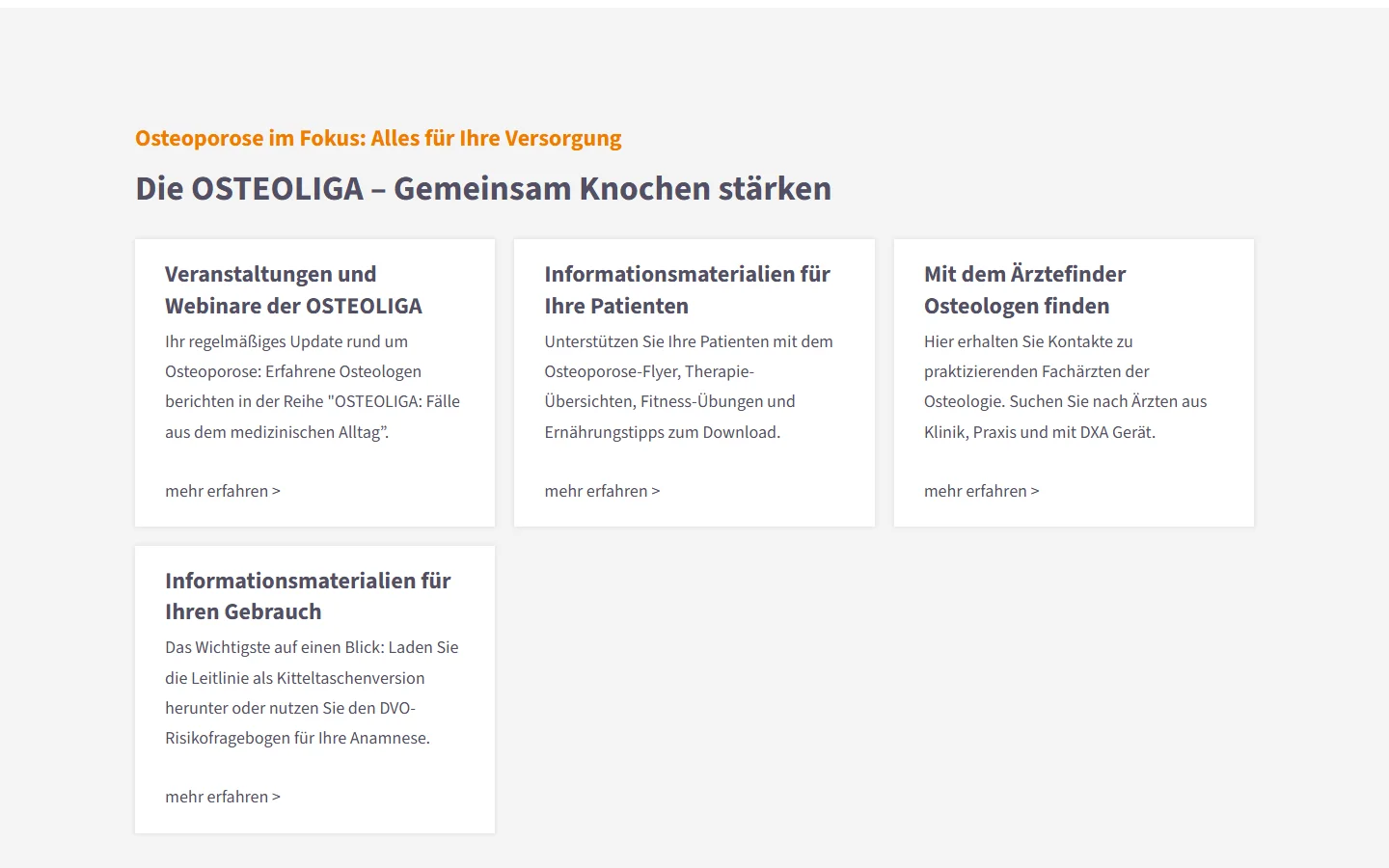 Website von Osteoliga – Desktopansicht: Osteoporose im Fokus: Alles für Ihre Versorgung