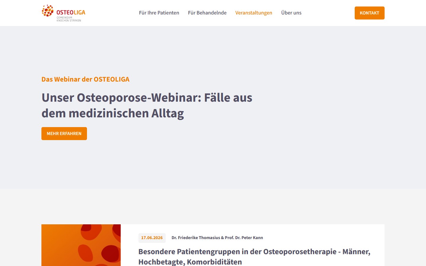 Website von Osteoliga – Desktopansicht: Osteoporose-Events und Webinare