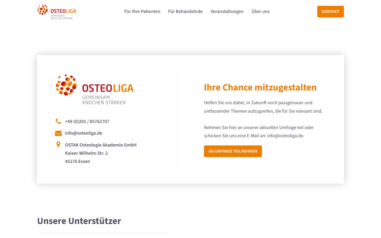Website von Osteoliga – Desktopansicht: Kontaktieren Sie uns