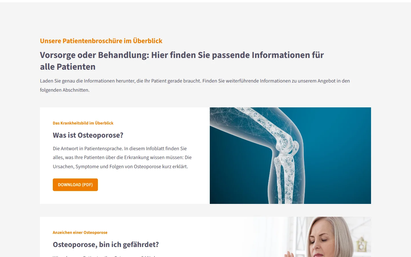 Website von Osteoliga – Desktopansicht: Unsere Patientenbroschüre im Überblick