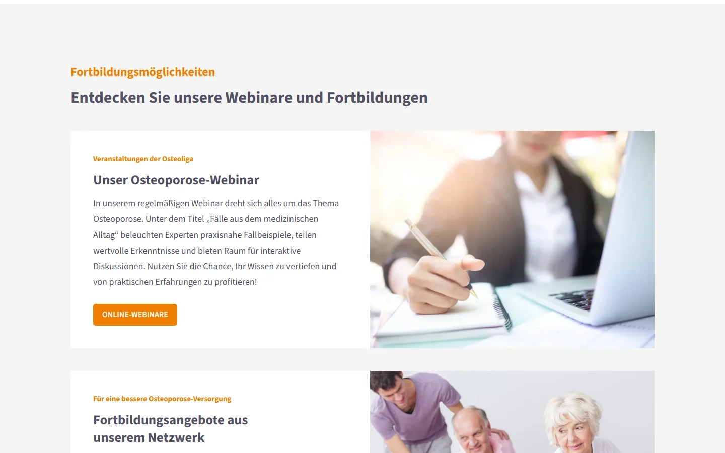 Website von Osteoliga – Desktopansicht: Fortbildungsmöglichkeiten
