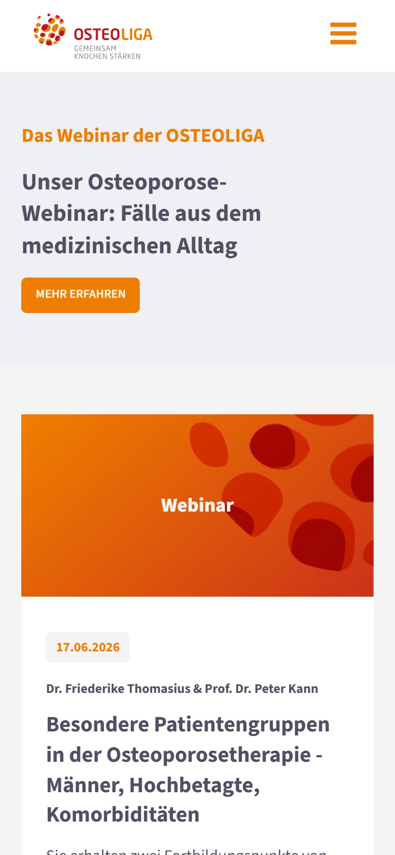 Website von Osteoliga – Handyansicht: Osteoporose-Events und Webinare