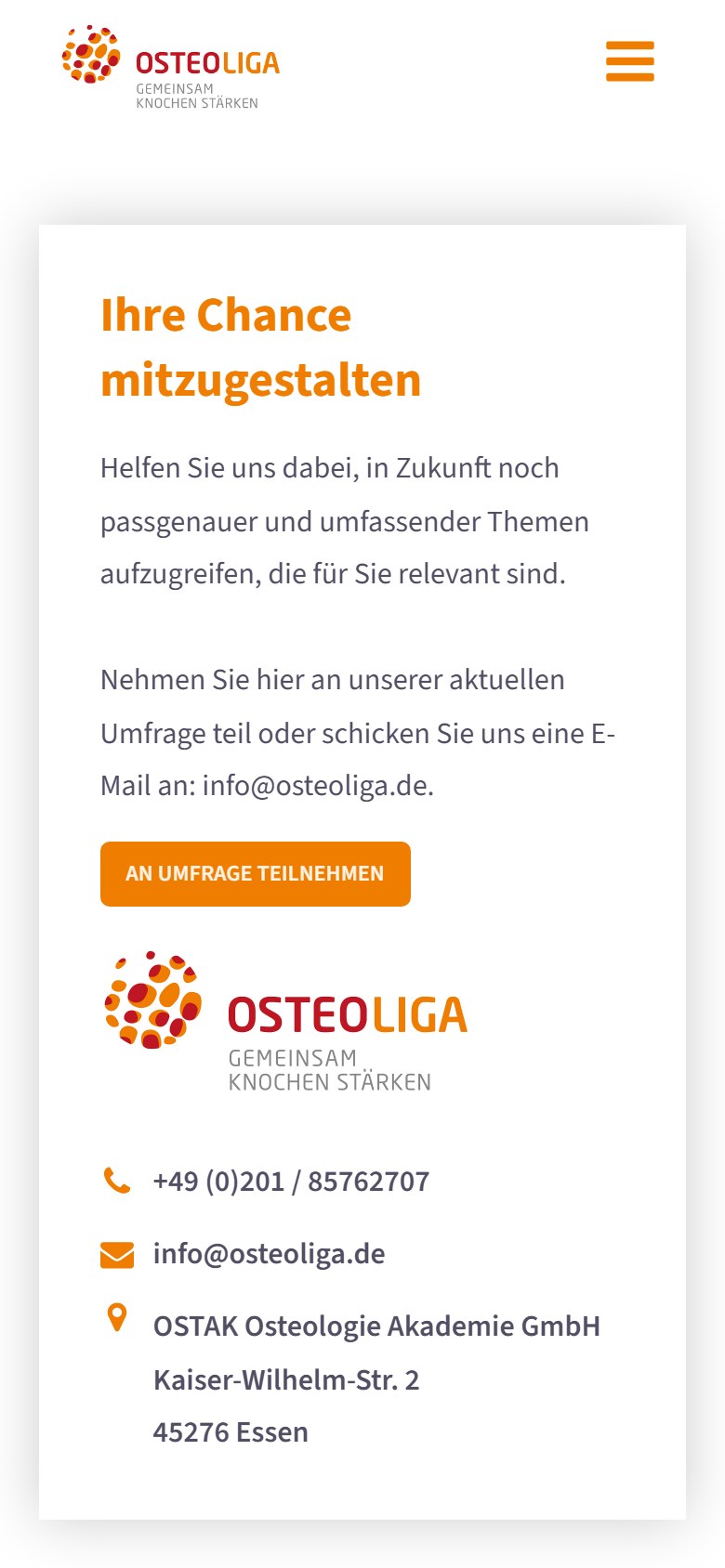 Website von Osteoliga – Handyansicht: Kontaktieren Sie uns
