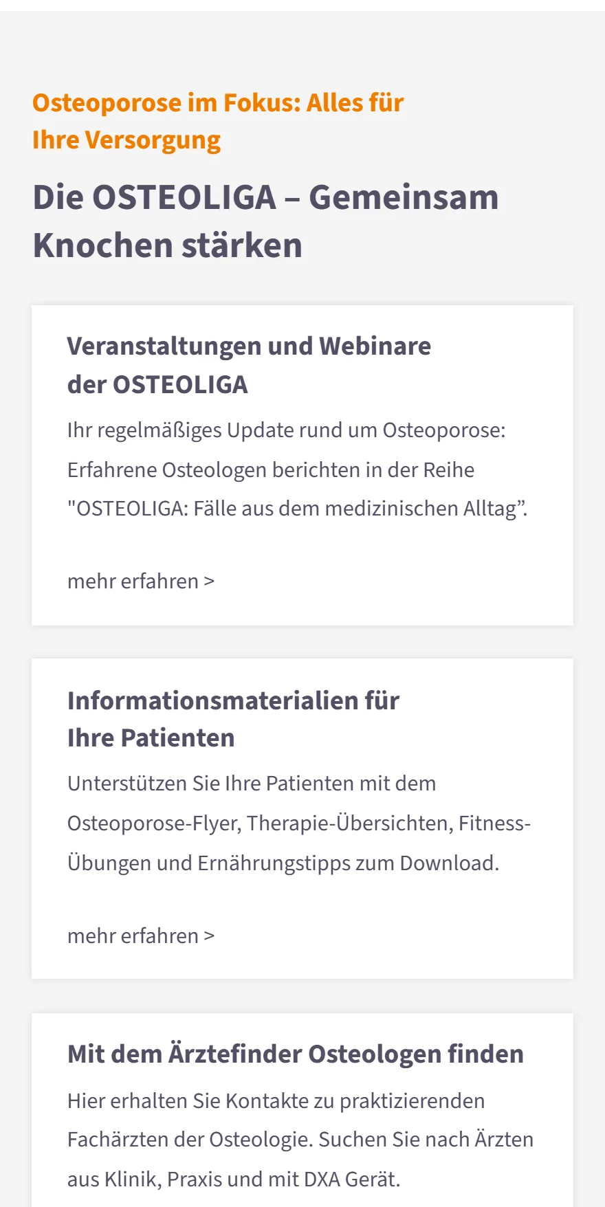 Website von Osteoliga – Handyansicht: Osteoporose im Fokus: Alles für Ihre Versorgung