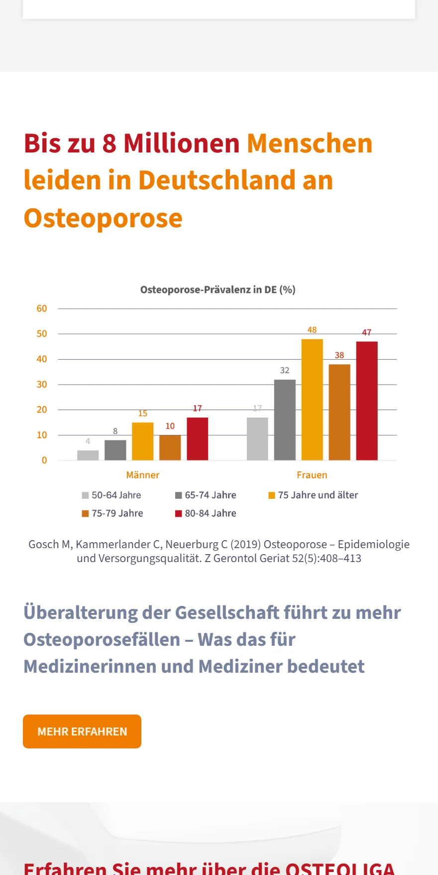 Website von Osteoliga – Handyansicht: Bis zu 8 Millionen Menschen leiden in Deutschland an Osteoporose