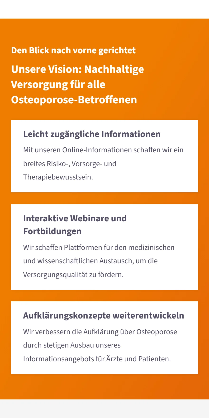 Website von Osteoliga – Handyansicht: Den Blick nach vorne gerichtet