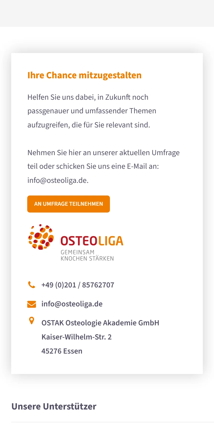 Website von Osteoliga – Handyansicht: Ihre Chance mitzugestalten